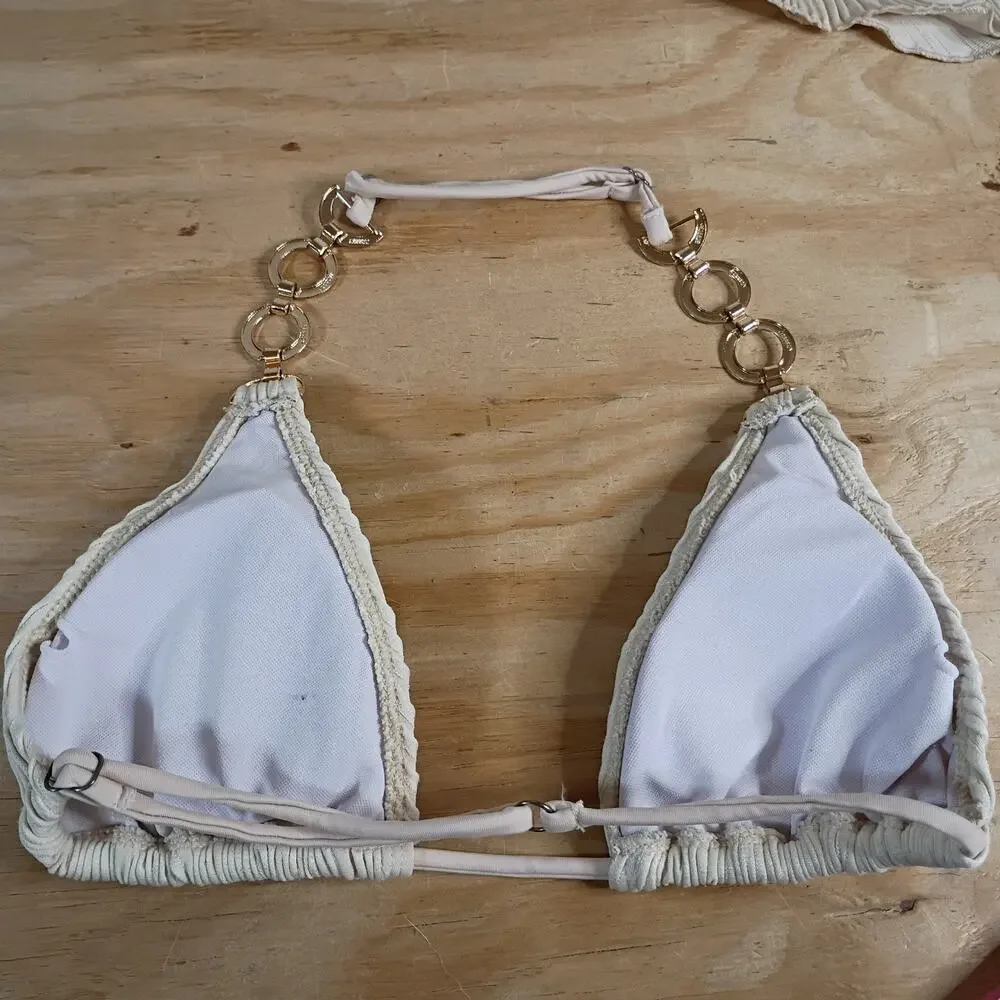 SHEIN Size 14Y Teen 3PC Swimwear Set Cream Textured Bikini & Cover Up Skirt Set